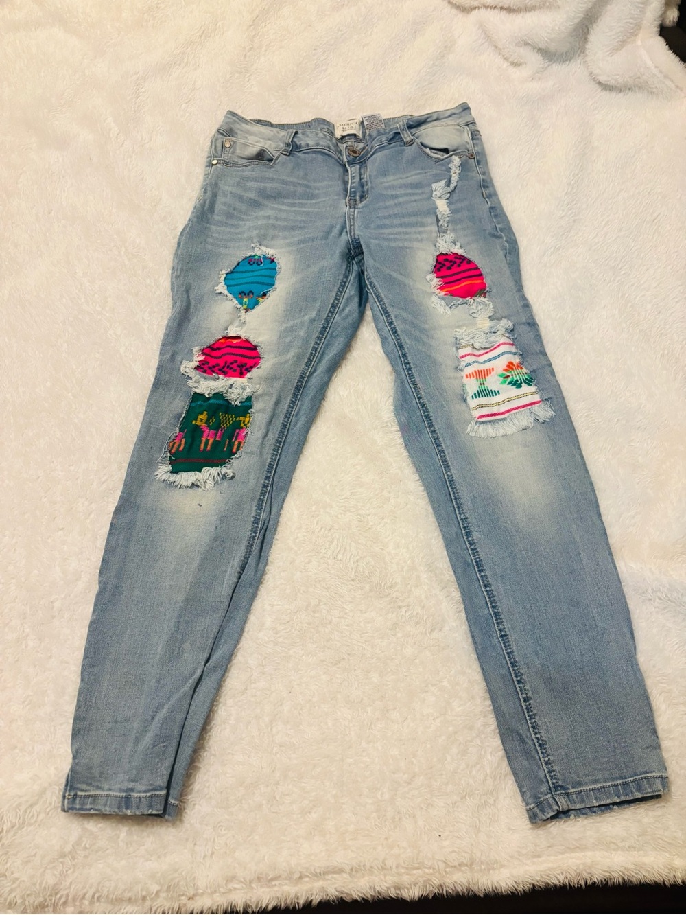 Light Blue Skinny Jeans with Colorful Patchwork Accents